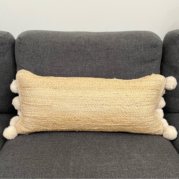 Anthropologie Braided Jute Pom Pom Decorative Throw Pillow 12x27 (Ivory)